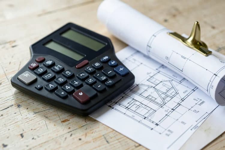 Calculadora financeira ao lado de uma planta de imóvel.