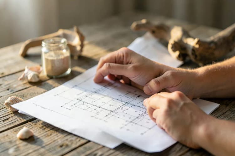 Pessoa analisando planta de imóvel em mesa de madeira com objetos de decoração.