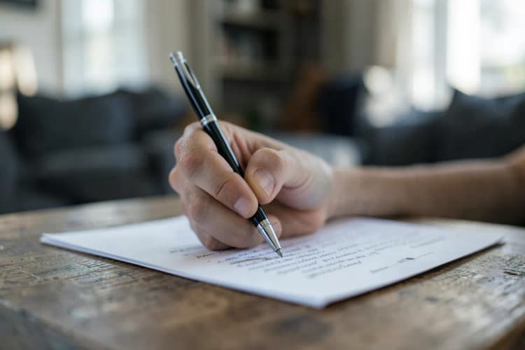 Pessoa assinando documento de transferência de imóvel